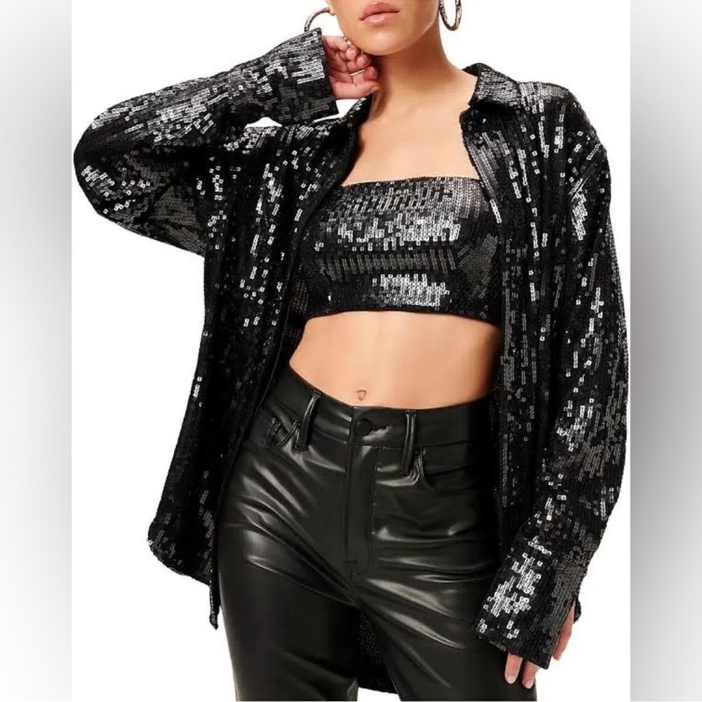 GOOD AMERICAN Sequin Collared Party Jacket Blouse Size 5 NWT Black $129 Sold Out